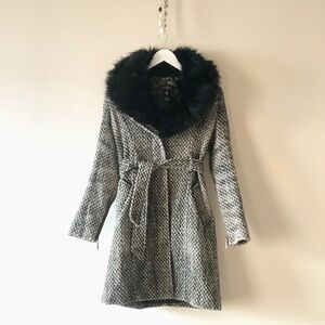 Guess Tweed Belted Long Coat Wool Blend Black White Faux Fur Collar